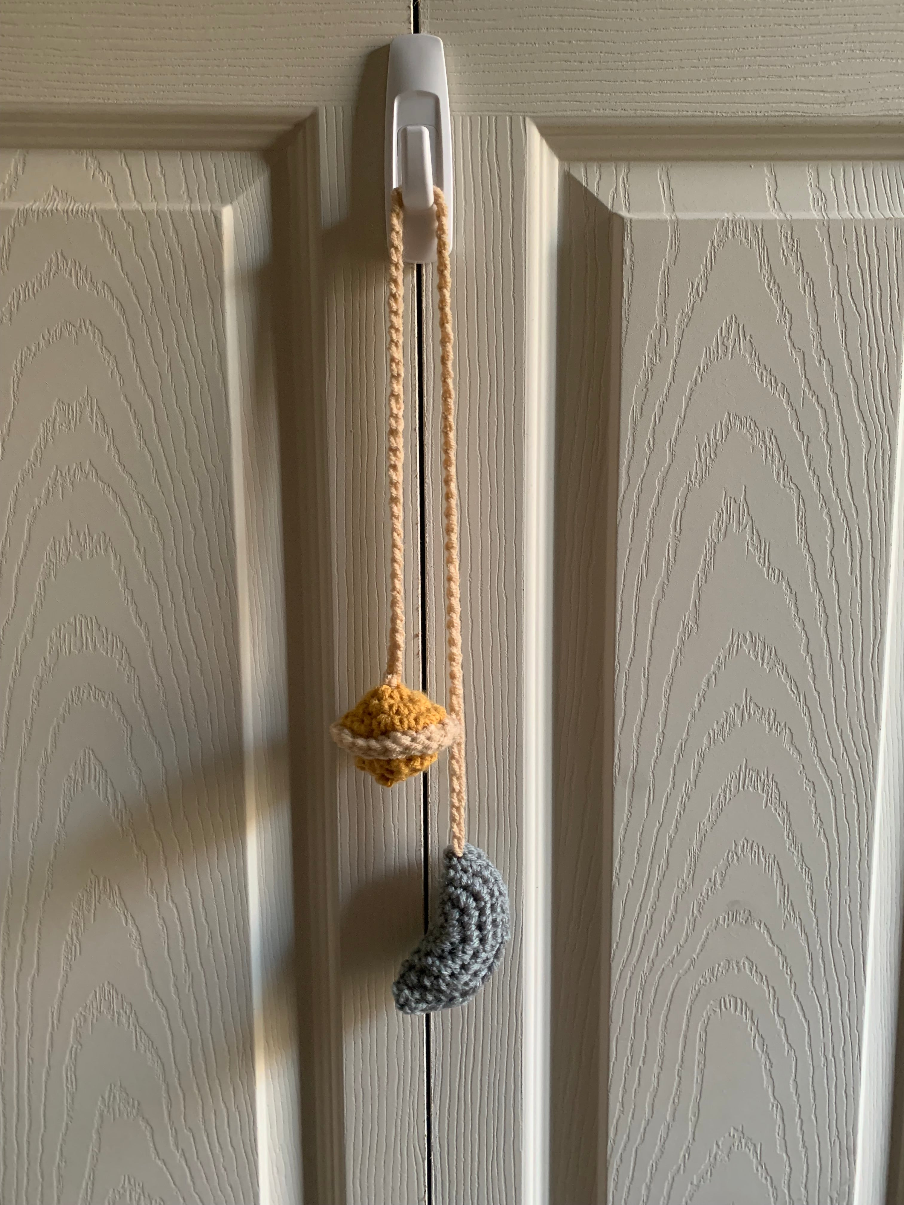 Crochet Moon & Saturn, “I love you to the moon and Saturn”, Handmade, Car Hanger, Indoors